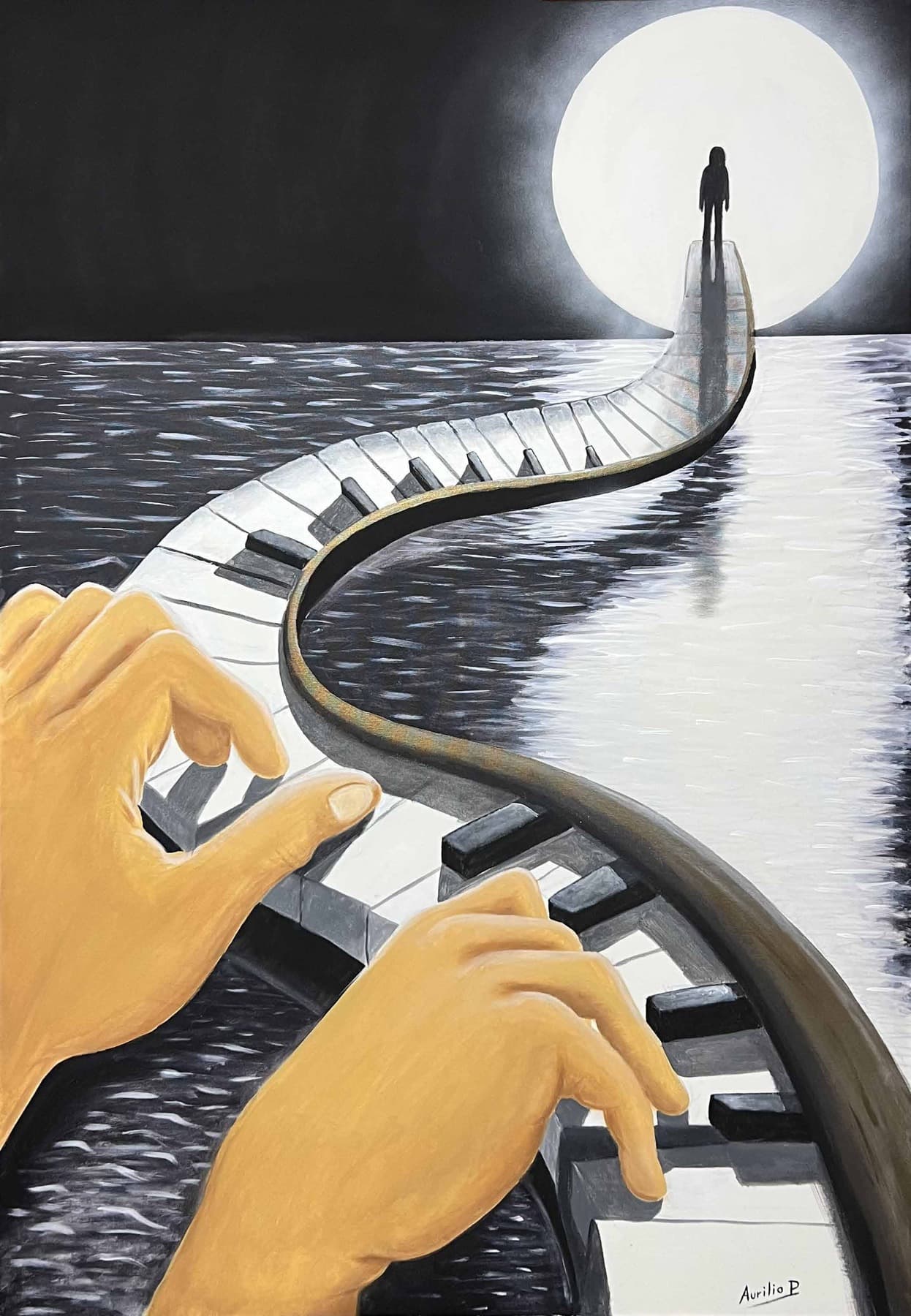 Mani su una tastiera di pianoforte che diventa un ponte sul mare verso una luna luminosa.