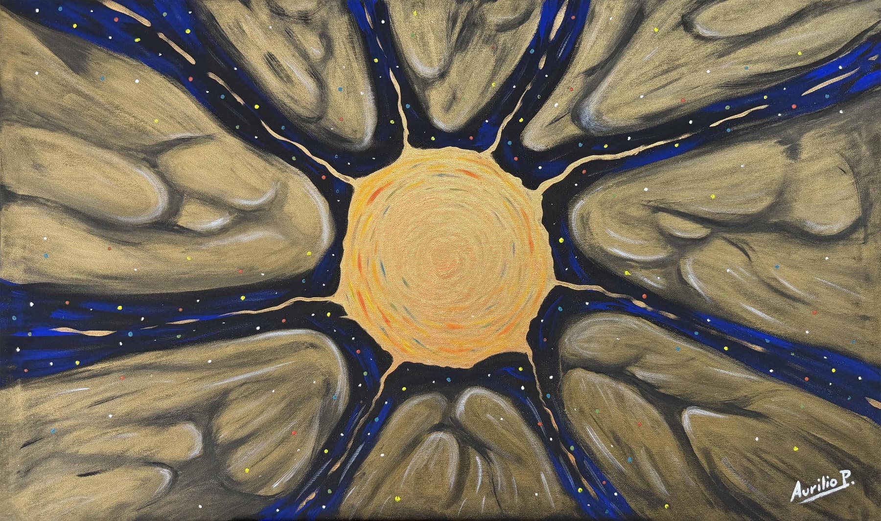 Il potere del sapere. Disco dorato centrale circondato da forme organiche e percorsi blu su fondo scuro.